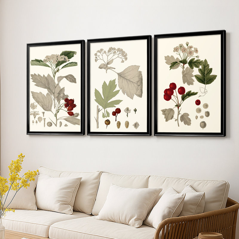 Leaves & Berries I - Toile tendue avec châssis sur mesure - 3 pièces, Noir, H 30 po x l 63 po