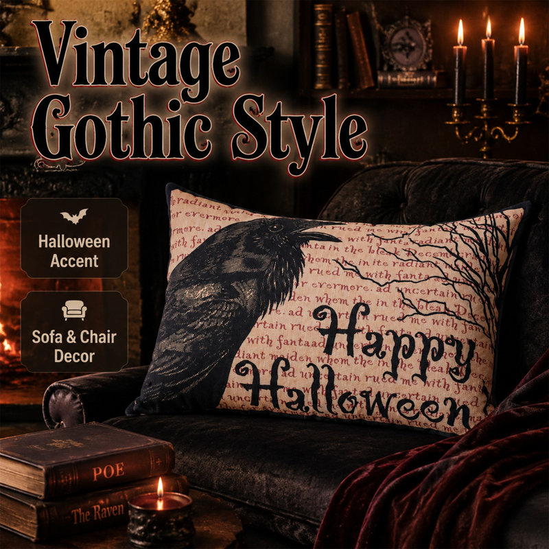Coussin avec corbeau et motif «Happy Halloween», 20 x 13