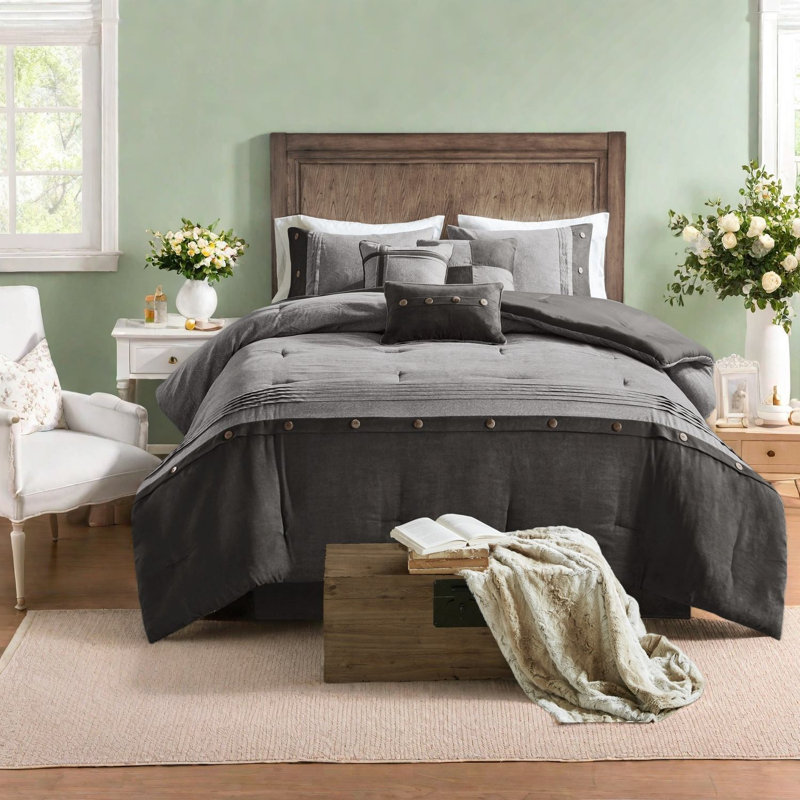 Premium Gray Cal King Bedding Sets, Faux Suede And Polyester, Rustic Style