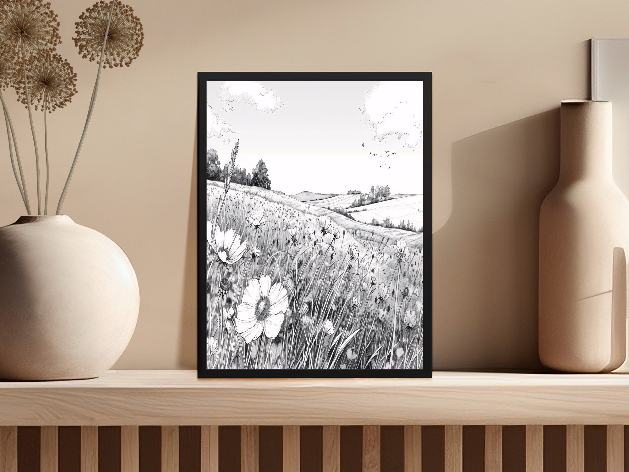 Lark Manor Fields With Flowers Landscape Drawing Wall Art Framed Poster ...