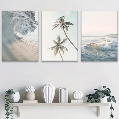 Coastal Modern Coastal Palm Wave Canvas Wall Art 3 Piece Print 36" H x 72" W - Living Room Decor