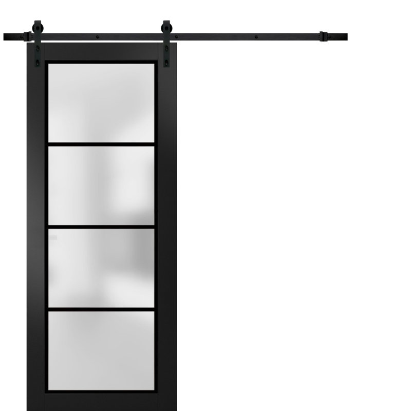 Sturdy Barn Door Frosted Tempered Glass | Planum 2132 | 6.6FT Black Rail Hangers Heavy Hardware Set | Modern Solid Panel Interior Doors-Black Rail
