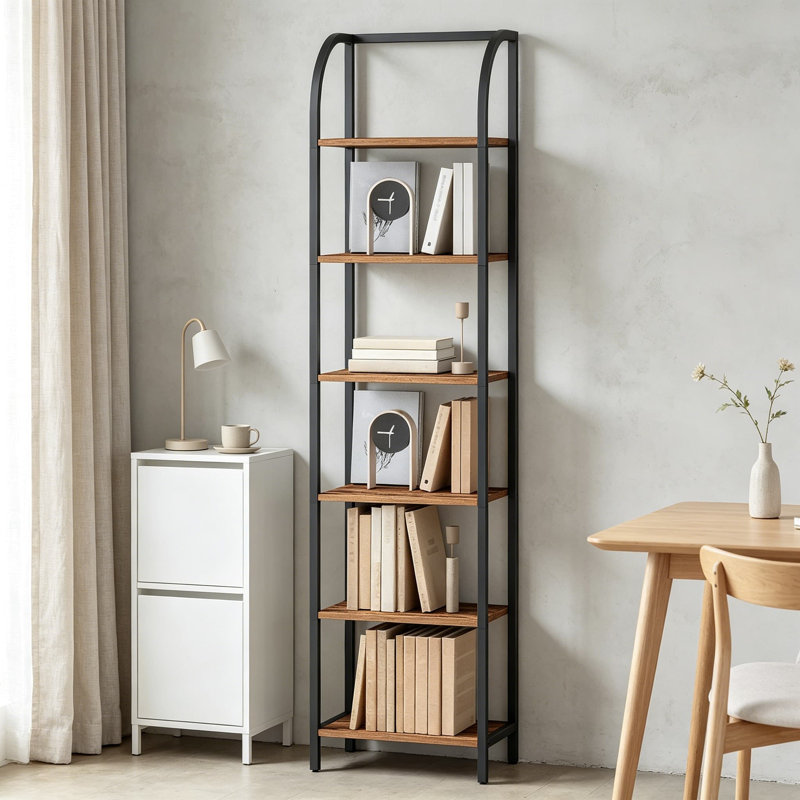 Bibliothèque étroite, bibliothèque haute à 6 niveaux avec structure en acier, étagère de rangement de style industriel, étagère de présentation Skinny pour salon, bureau et bureau à domicile