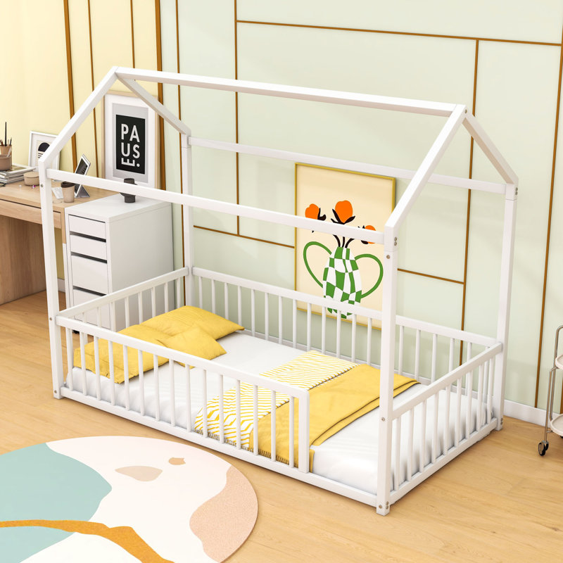Metal Floor Bed Frame With Fence, Twin, White