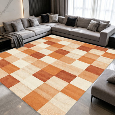 Tapis en terre cuite à motif écossais pour le salon, doux et confortable, convient à toutes les saisons, facile à entretenir, tapis de sol intérieur lavable à la machine, sous la table de ferme convenant à la chambre à coucher, à la salle à manger, au bureau, au balcon, au patio