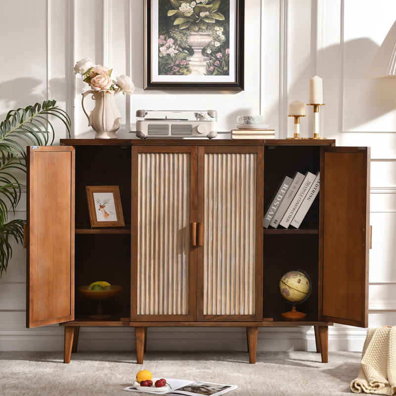 Armoire de rangement décorative 4 portes avec tablettes réglables, portes à panneau cannelé, style Mid-Century moderne