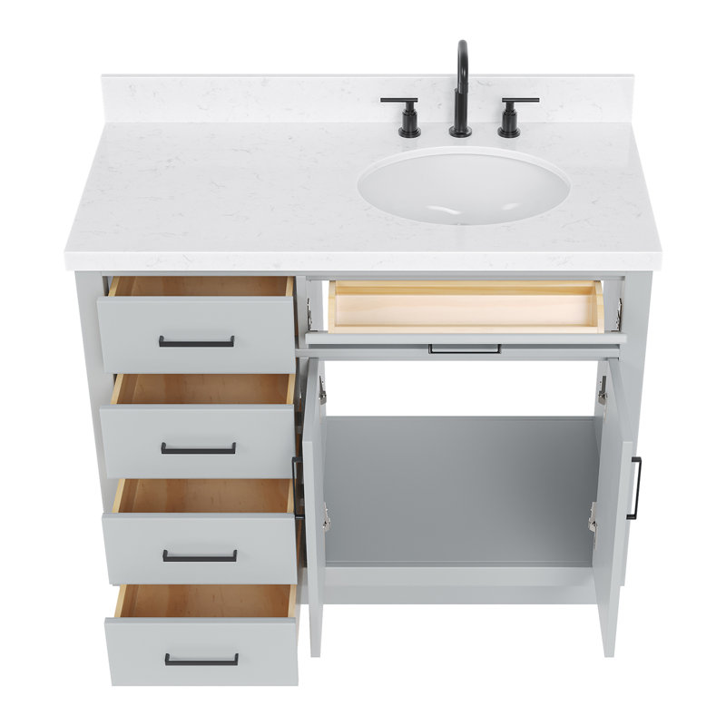 Meuble-lavabo simple en bois massif 42 po Tidworth avec plateau en quartz Carrara de 1,5 po, Oui, Ovale, Gris