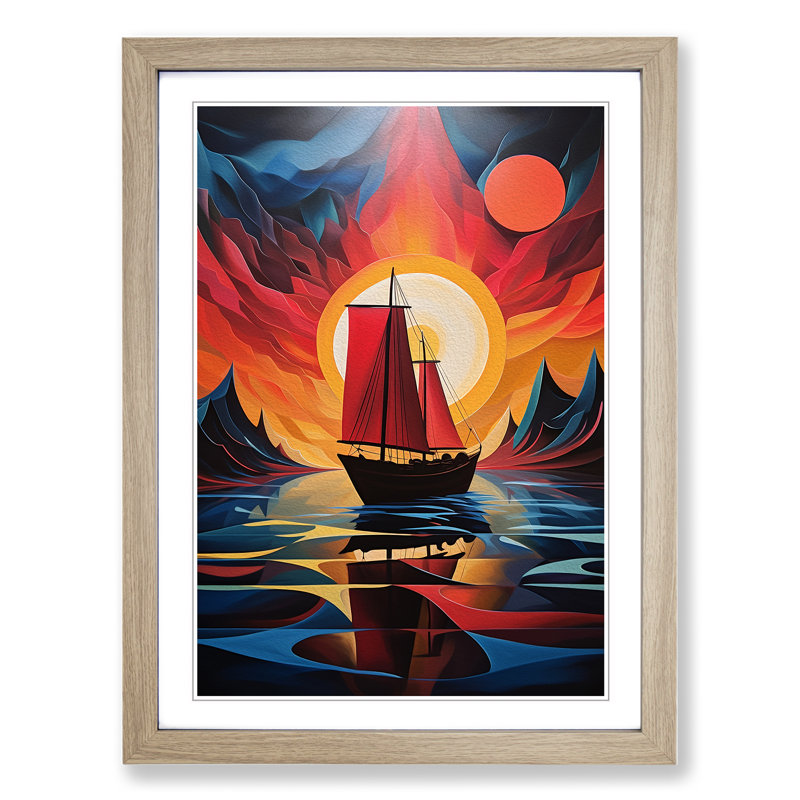 Boat on a Lake Abstract Art - Framed Print, Oak Framed, 46cm H x 34cm W x 2cm D