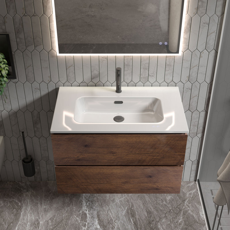 Meuble-lavabo simple de 30 po avec dessus en céramique avec trop-plein Kersha, pré-assemblé, Brun, 30", Trou simple
