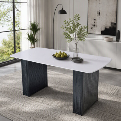 Rectangular Tempered Glass Dining Table with Marble Pattern and Black Dual Pedestal