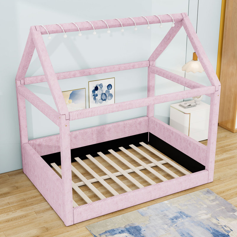 Full Size Upholstered House-Shaped Daybed with Touchable LED Lighting and Slats, Pink