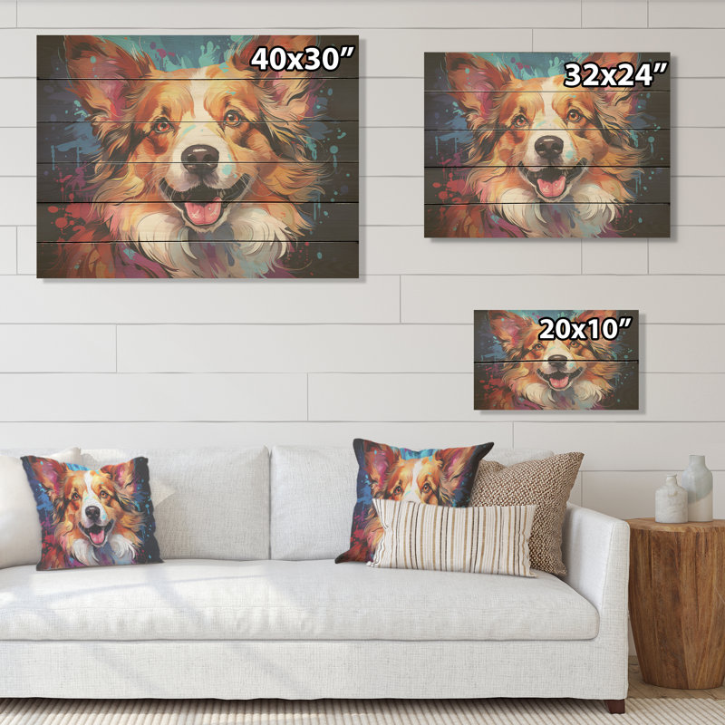 Corgi Charm I - art mural en bois de chien sur bois de pin naturel, H 30 po x l 40 po
