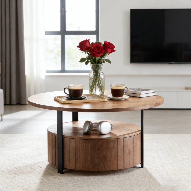 Walnut Round Coffee Table 33.07", MDF Storage Table With Drawer For Lounge Home Office Studio, Walnut
