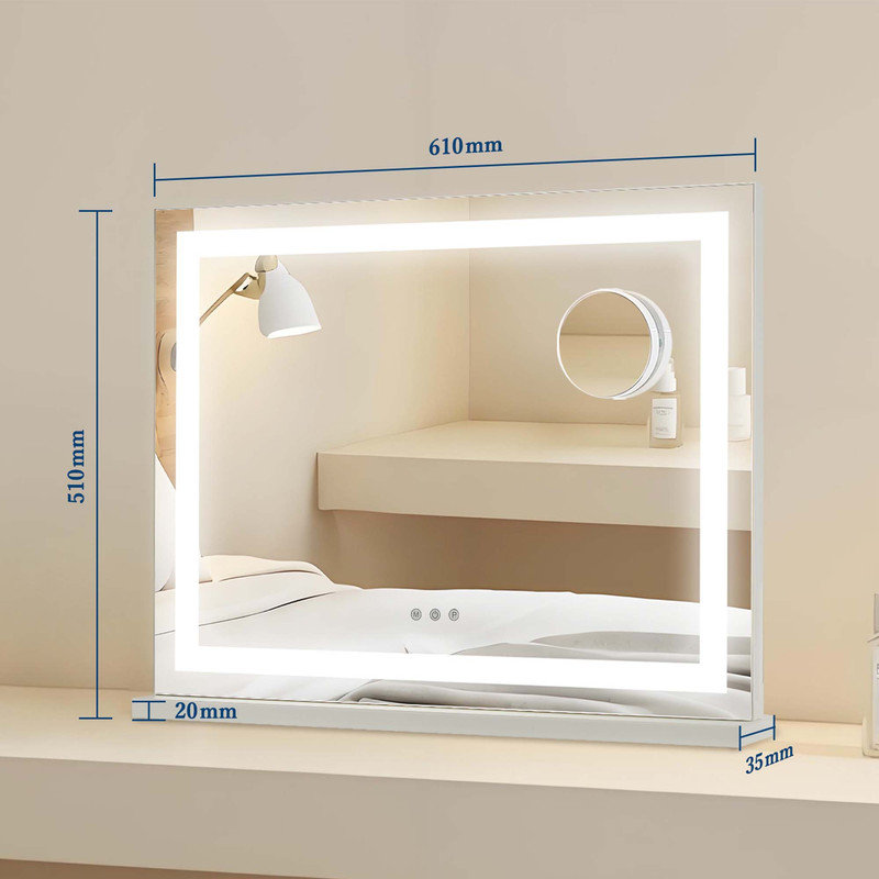 Miroir de maquillage lumineux avec grossissement 10X, commande tactile intelligente, miroir de coiffeuse 2-en-1 fixé au mur de table