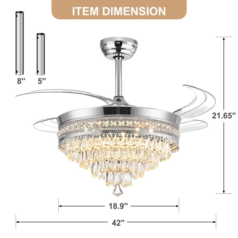 Chandelier Ceiling Fan With Lights And Remote,42 Inch Modern Flush Mount For Bedroom Indoor, Dimmable Led,bluetooth Connection,energy Efficient Quiet Retractable Blades