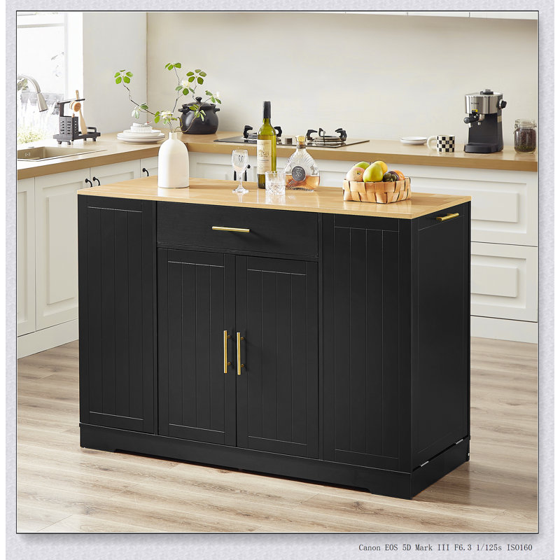 Grand îlot de cuisine de 53 pouces avec rangement pour poubelle, tablettes réglables et finition chêne, parfait pour la cuisine organisée et la salle à manger