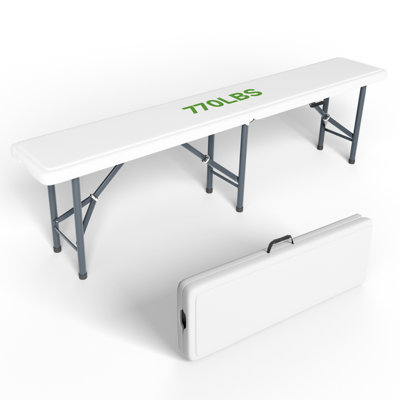 6-Foot Folding Bench, HDPE Plastic Top with Steel Frame,  Portable Outdoor Bench for Picnic, Camping, Garden, White (Set of 1)