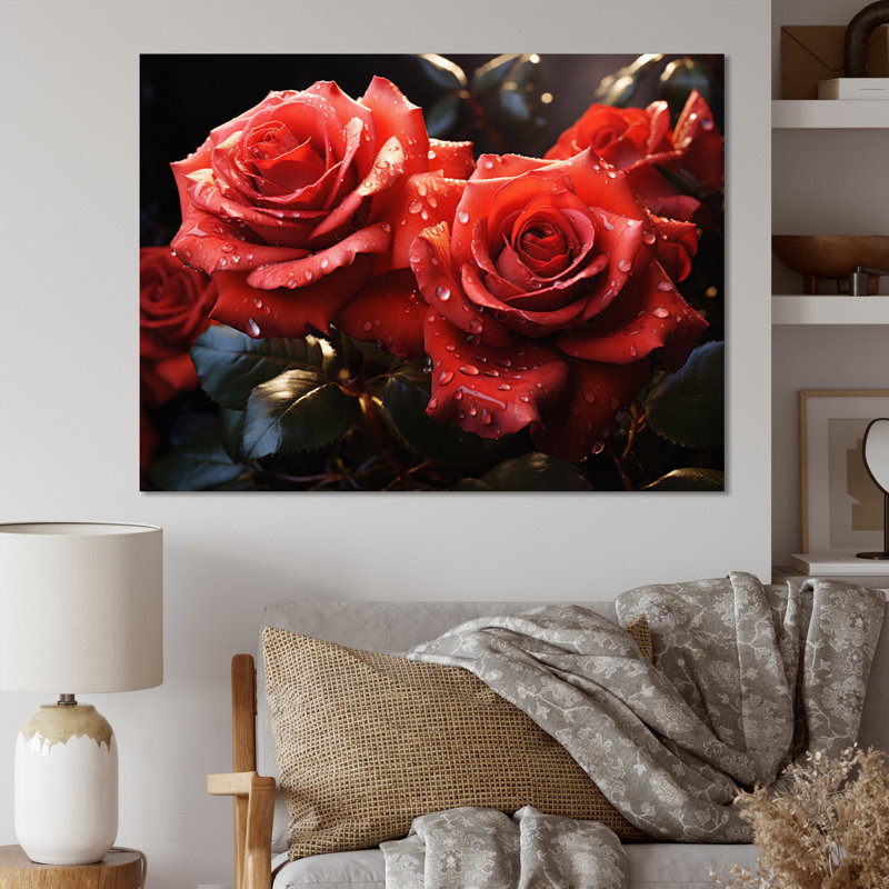 Roses rouges et noires lustrées du matin, H 12 po x l 20 po x P 1 po, Toile tendue