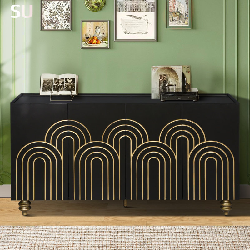 Buffet moderne cannelé avec rangement, élément courbe avec lignes strictes, armoire de rangement à 4 portes pour différentes pièces