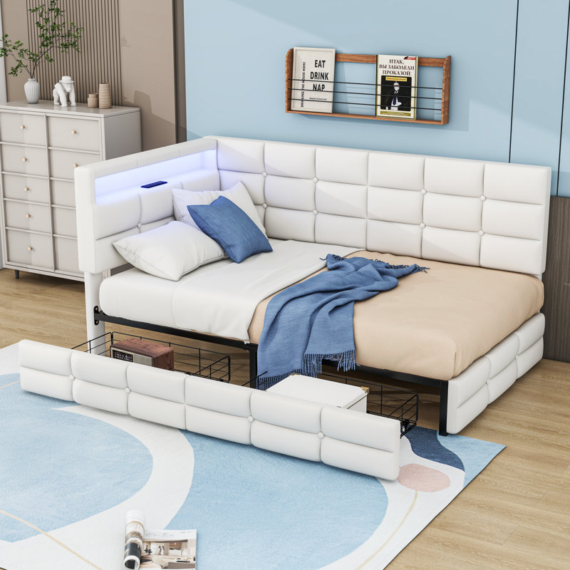 Twin Upholstered Daybed with 2 Drawers and Charging Station and LED, Beige