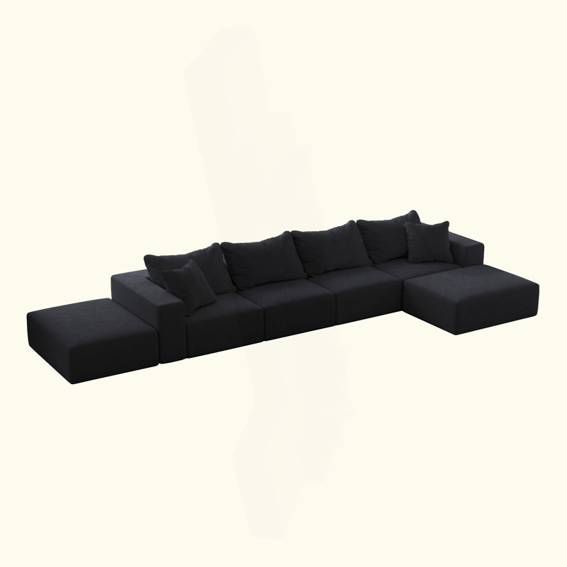 Tomeco Upholstered Boneless L-Shape Sectional Sofa with 7 pillows, Black Chenille