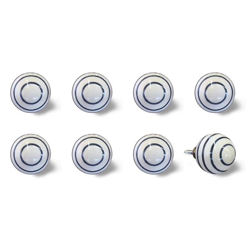 1.5" X 1.5" X 1.5" White/Navy Handpainted, Ceramic - Knobs 8-Pack
