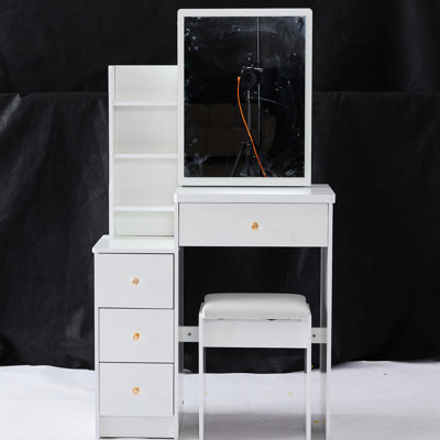 Left Bedside Cabinet Vanity Table For Small Spaces, With Padded Stool & Extra Large Sliding Mirror, Multi-layer Storage, Fashionable White Dresser Sized Cushioned Stool, High Capacity Tiny Areas,