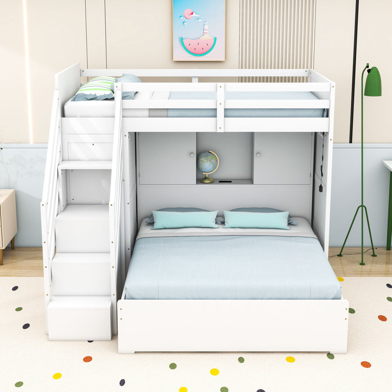 Bunk Bed with Wardrobe,USB and Lights, White