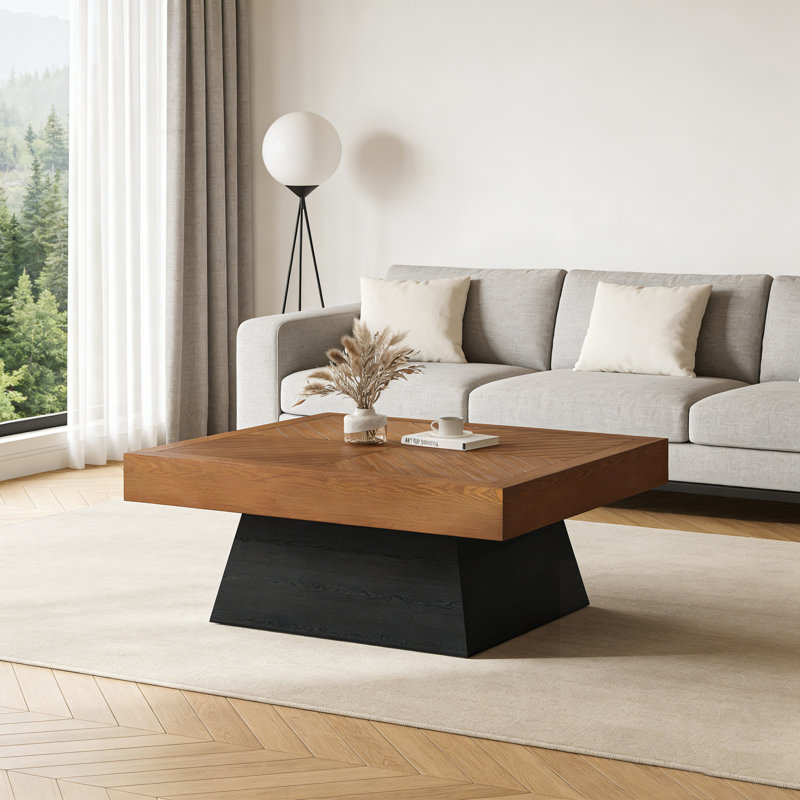 Table basse moderne carrée avec plateau et base en grain, parfaite pour le décor de salon de style campagne Mid-Century
