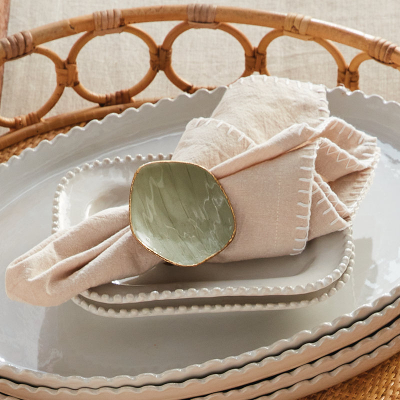 Eggett Toile Cotton Dinner Napkins Taupe Set 3, Decorative Seam, Beige, Solid Color