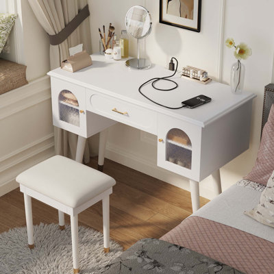 Elegant Vanity Makeup Table & Chair Set, Modern Dressing Table With Organizer, Writing Desk, Charging Port