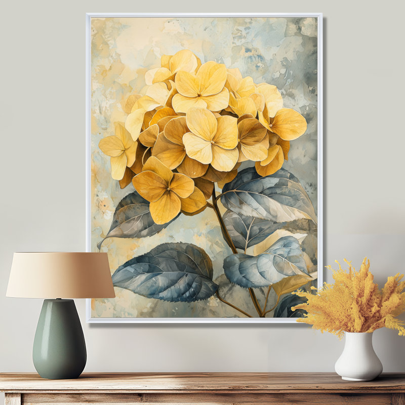 Fleurs d'hortensia jaune doux I - Hydrangea, art mural encadré, Reproduction encadrée sans passe-partout, H 20 po x l 12 po