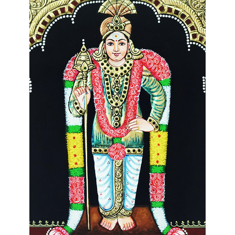 Lord Murugan (Kartikeya), peinture de Tanjore avec cadre | Couleur traditionnelle avec or 24 carats
