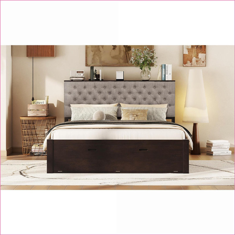 Grand lit plateforme en bois de pin avec tablettes de tête de lit, 4 tiroirs et amp; Range-chaussures - aucun sommier nécessaire, espresso pour la chambre principale