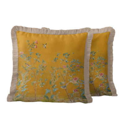 Bird and Floral Fringed Cushion Cover | Vintage Tasselled Throw Pillow