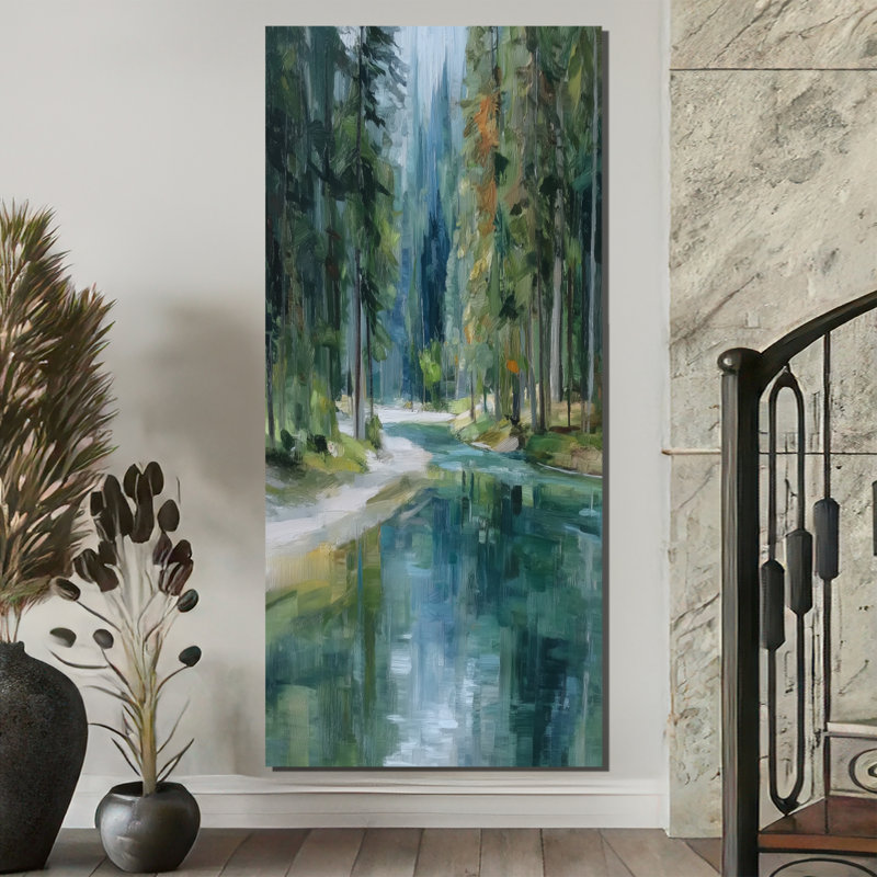 «Pine Trees Fraser River Calming Current», art sur toile, paysage vert, H 60 po x l 28 po, Toile tendue, Ne s’applique pas