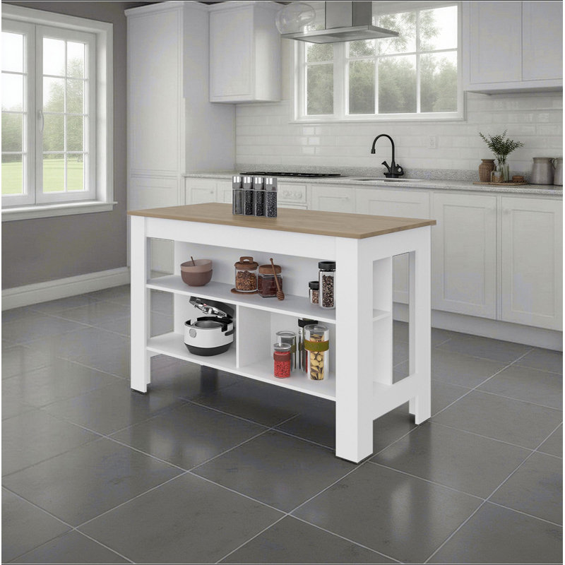 White and Natural Oak Open Storage Kitchen Island, 35.4" H x 54.4" W x 25.2" D