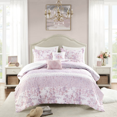 Literie double avec édredon à motif cachemire floral romantique, 2 taies décoratives et coussins, édredon élégant en tissu rose, tissu duveteux