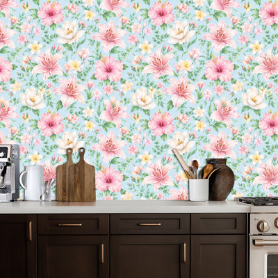 Papier peint auto-adhésif mural rose pastel à motif floral rose pastel, feuilles vertes, bleu pâle et adhésif de contact 24 po x 118 po