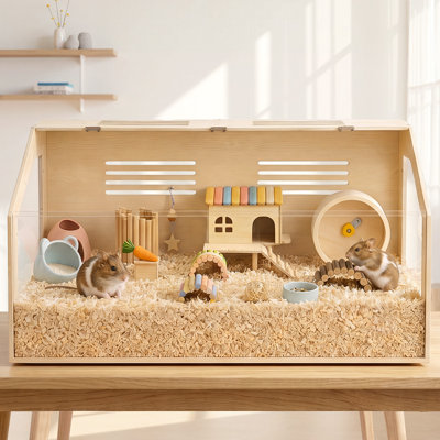 Couvercle de 40 pouces en bois avec cage à hamster avec panneaux en verre trempé à mâcher et clapier pour petits animaux avec rongeurs (L 40 po x l 20 po x H 20 po)