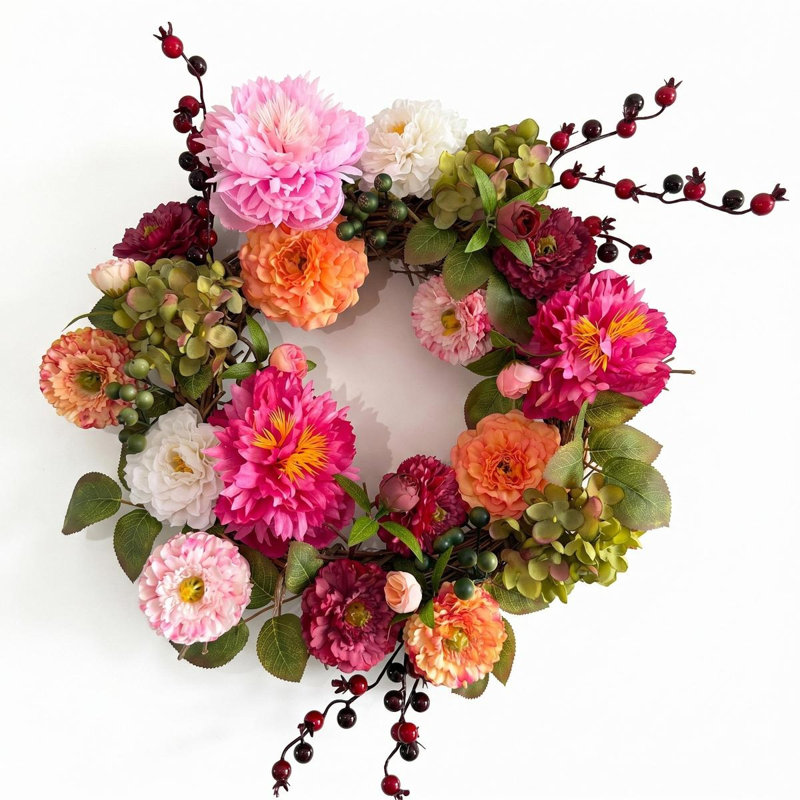 Couronne florale 17,7 po avec pivoines, renoncules et baies - porte vibrante multicolore