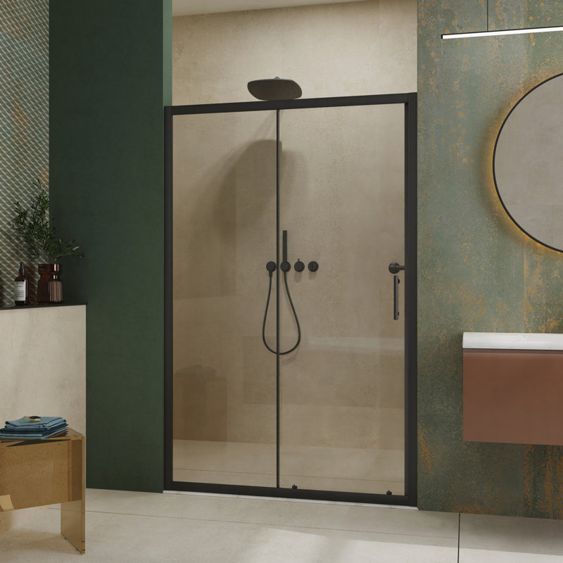 48.in W x 72.in H Single Sliding Shower Door, 1/5 inch Thick Clear Tempered Glass Shower Door with Stainless Steel Handle, Black