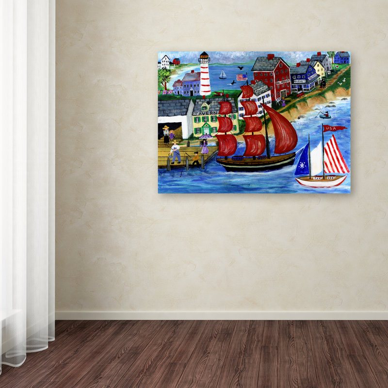 « red voiles folk art seaside », reproduction sur toile tendue, H 24 po x l 32 po