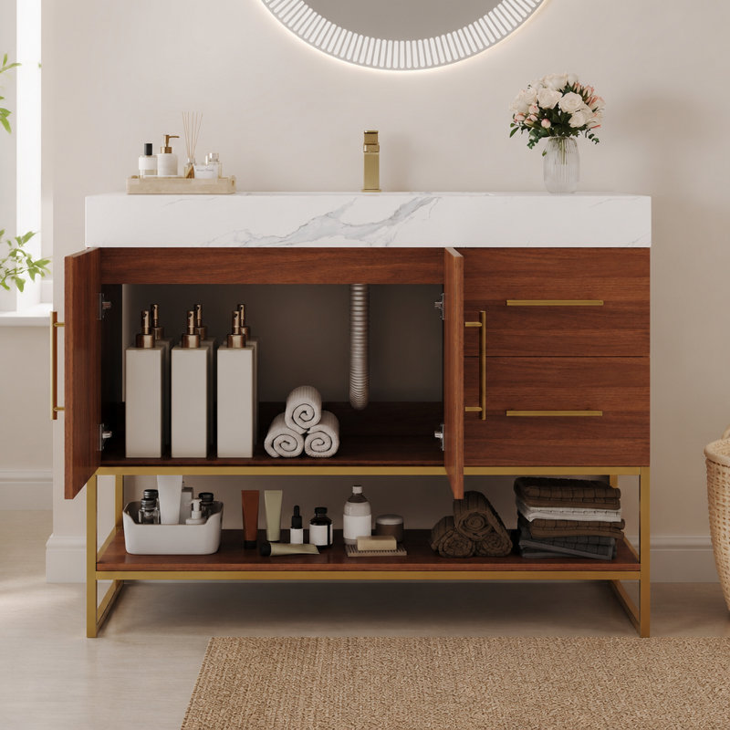 Meuble-lavabo autoportant moderne 36 po avec lavabo en céramique sans soudure et plateau en pierre frittée, Walnut, Blanc