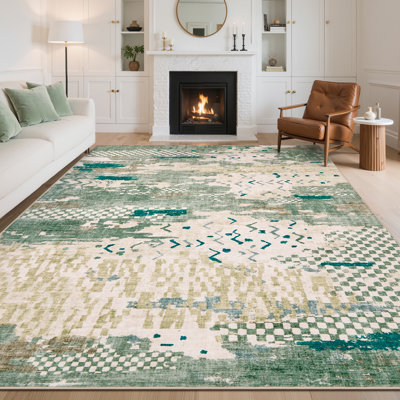 10'x13' Oversized Boho Abstract Machine Washable Rug with Non-Slip Rubber Backing Low-Pile, Stain Resistant Foldable Carpet for Living Room, Office