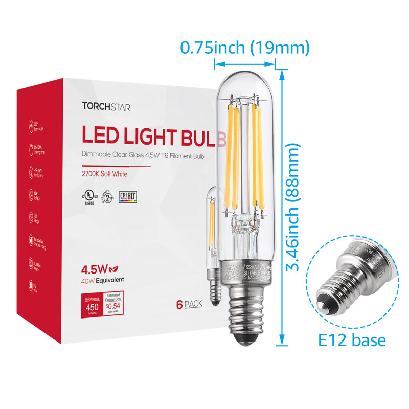 E12 Candelabra Bulb, Dimmable T6 LED Bulb, 4.5W(40W Equiv.), T25 Tubular Edison Bulbs, Clear Glass