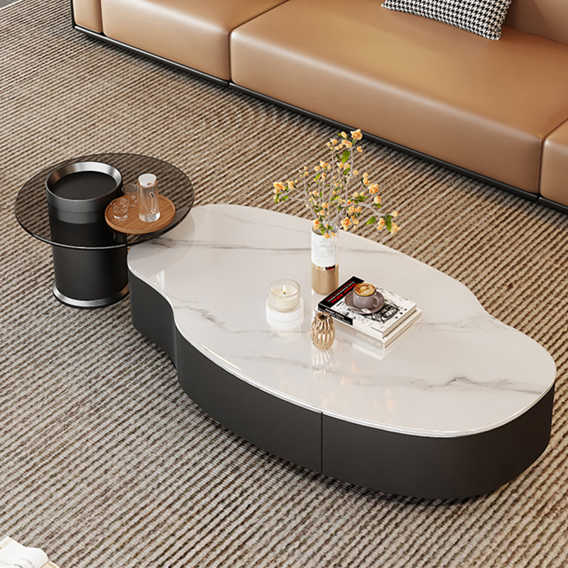 Modern Irregular Slate Coffee Table Set, 13" H x 47.2" L x 23.6" W, White, Black