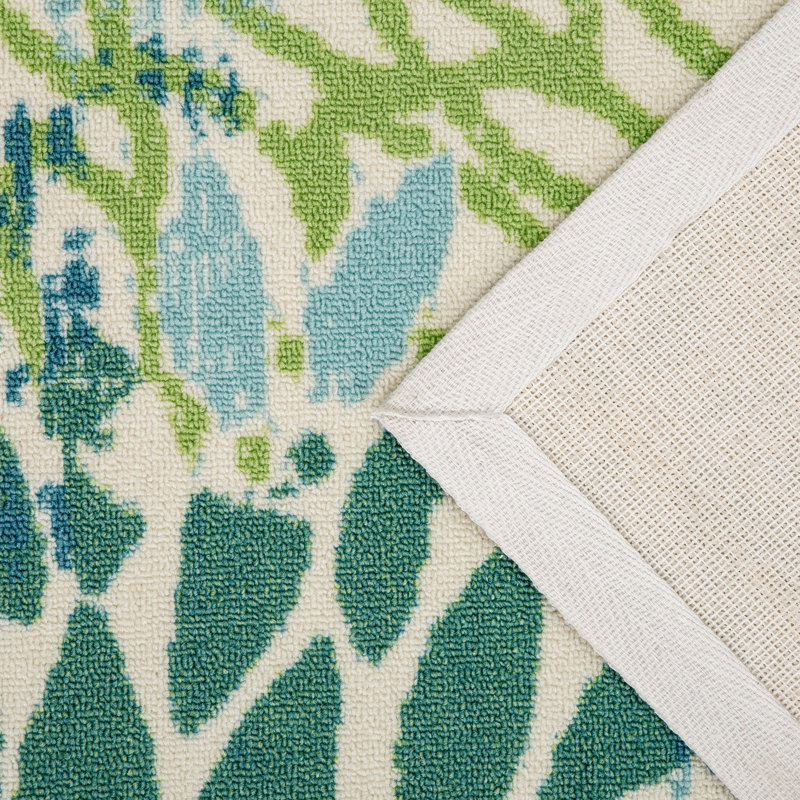Tapis d'extérieur Sunshine Modern Plant Design Performance - vert / bleu / ivoire, Rectangle 3 pi 6 po x 5 pi 6 po