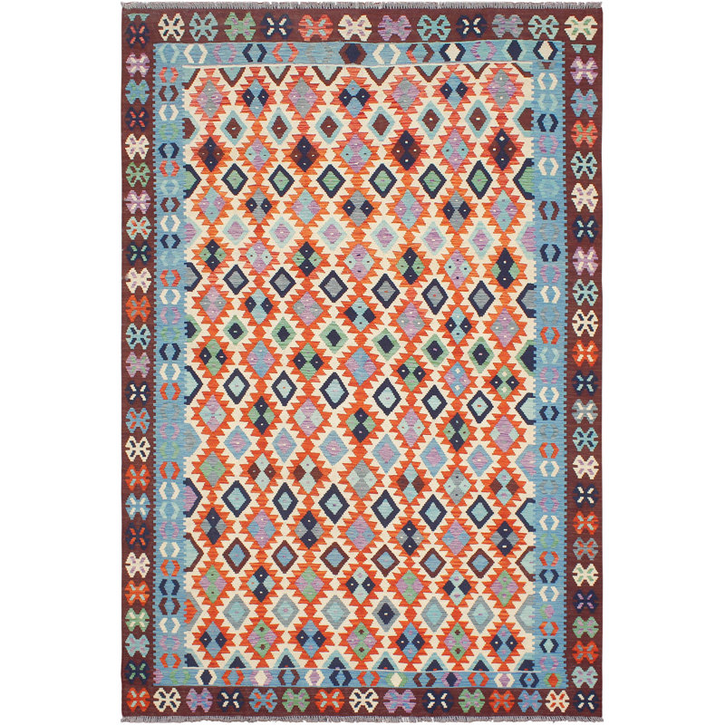 Tapis beige / bleu / mauve en laine noué à la main 6 pi 8 po x 9 pi 5 po Cedorah Southwestern