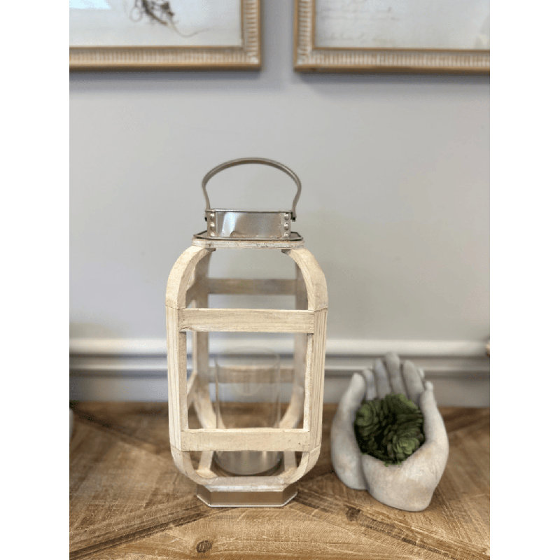 Lanterne de table en bois, Blanc vieilli, H 16,50 po x l 8,10 po